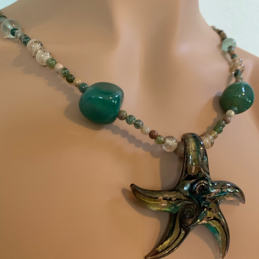 OOAK Murano Starfish w/Vintage Jade Jasper Agate Sea Glass Necklace - Picture 15 of 16